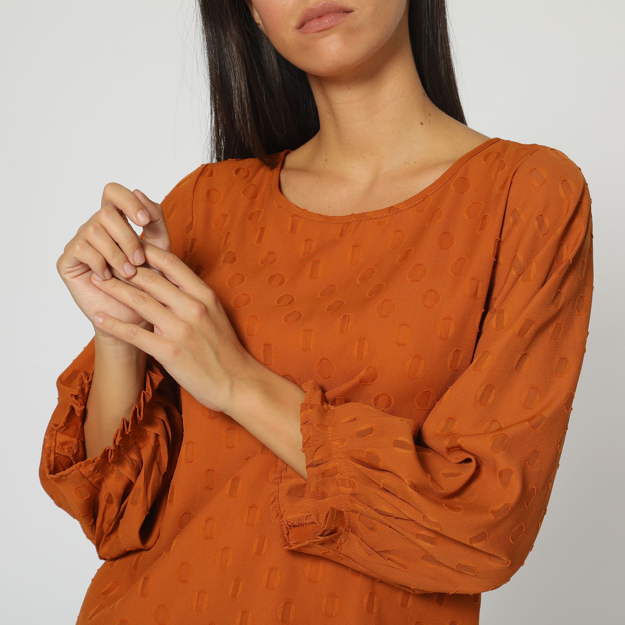 Blusa mujer manga larga textura ligera escote redondo blusa fluida look casual elegante tela suave naranja talla 38 cómoda fácil de combinar perfecta oficina diario salidas ✅Entrega 24/48h