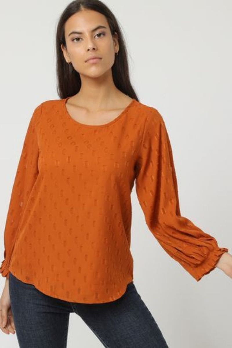 Blusa mujer manga larga textura ligera escote redondo blusa fluida look casual elegante tela suave naranja talla 38 cómoda fácil de combinar perfecta oficina diario salidas ✅Entrega 24/48h