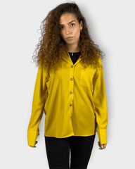 Blusa mujer, camisa fluida, elegante, corte recto, manga larga, bolsillo delantero, botones decorativos, cuello camisero, color amarillo, talla 38, ligera, cómoda, versátil, ideal oficina casual ✅Entrega 24/48h