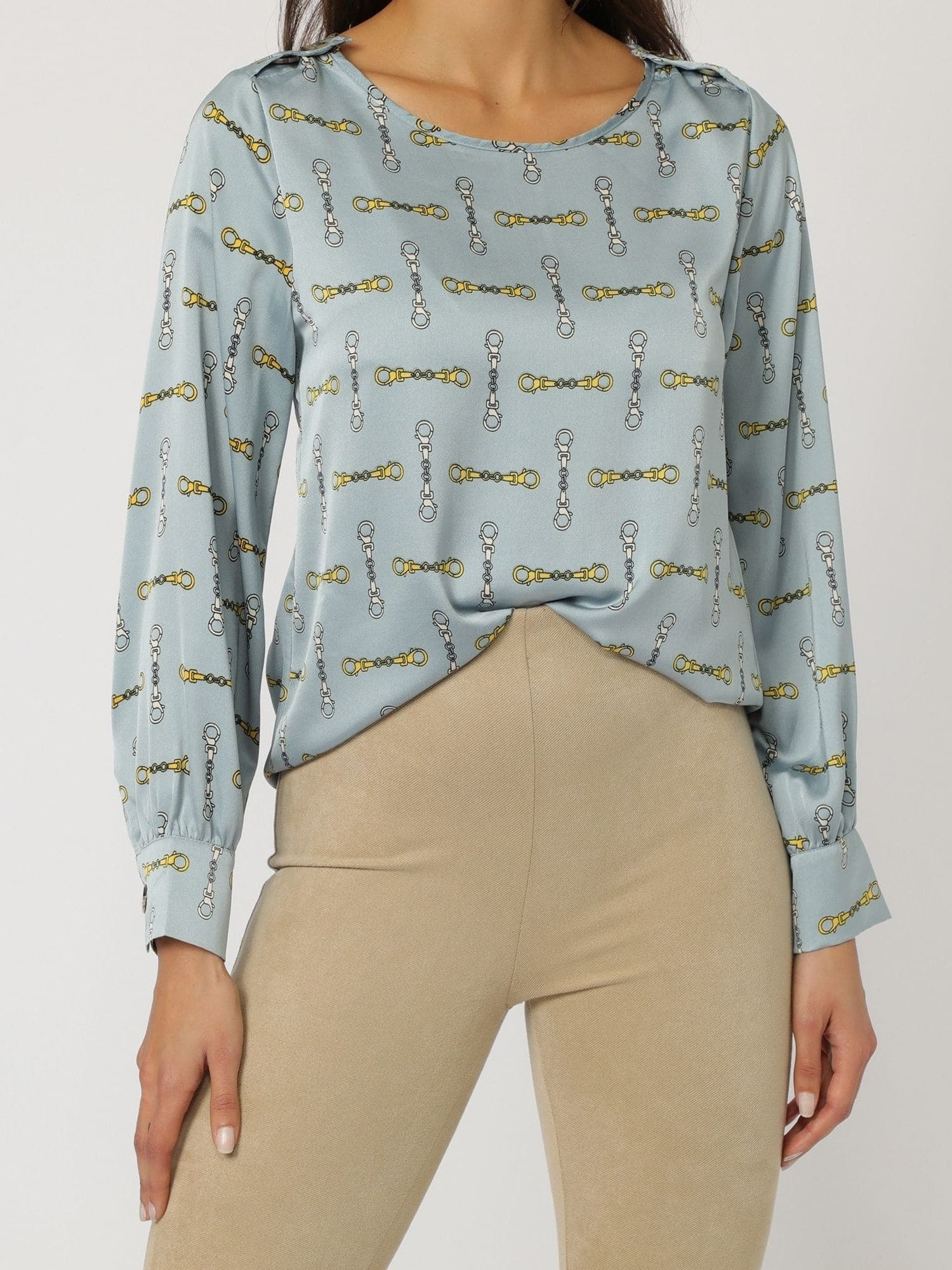 Blusa mujer camisa top tejido fluido estampado cadenas, manga larga, cuello redondo amplio, azul, talla 38, cómoda, versátil, ideal oficina casual, fácil de combinar, estilo moderno ✅Entrega 24/48h