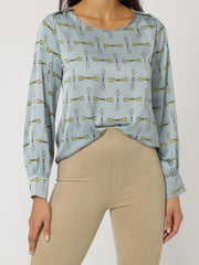 Blusa mujer camisa top tejido fluido estampado cadenas, manga larga, cuello redondo amplio, azul, talla 38, cómoda, versátil, ideal oficina casual, fácil de combinar, estilo moderno ✅Entrega 24/48h