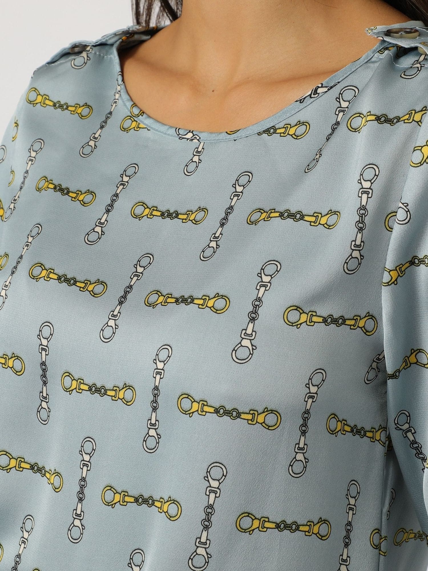 Blusa mujer camisa top tejido fluido estampado cadenas, manga larga, cuello redondo amplio, azul, talla 38, cómoda, versátil, ideal oficina casual, fácil de combinar, estilo moderno ✅Entrega 24/48h