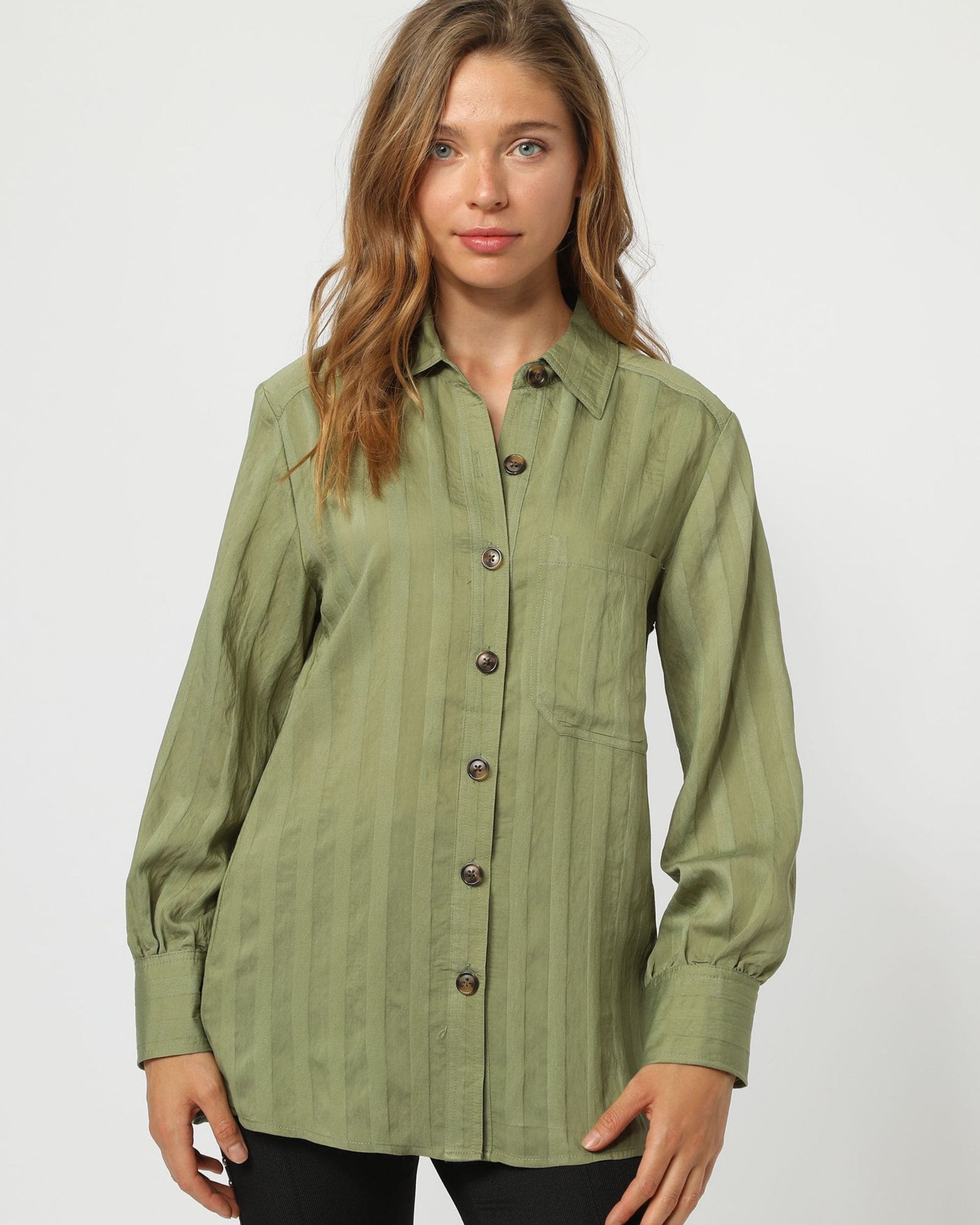 Camisa larga mujer satén camisera tacto suave bolsillo delantero botones clásico manga larga elegante outfit oficina casual verde talla 38 ✅Entrega 24/48h