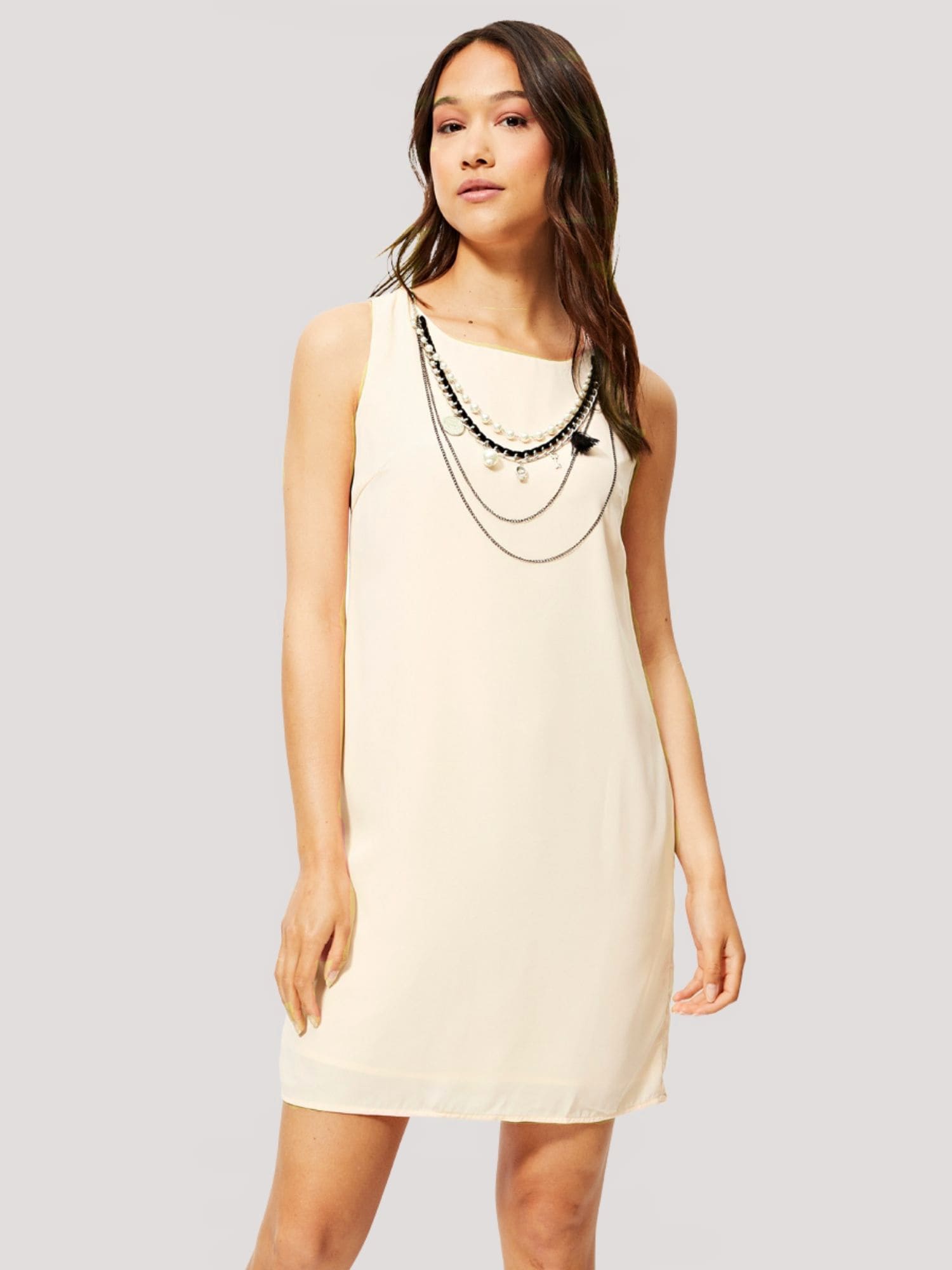 Vestido mujer fluido recto sin mangas cuello redondo amplio cierre lágrima trasero forro interior collar desmontable elegante cómodo talla 38 color beige outfit verano dress ✅Entrega 24/48h