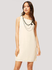 Vestido mujer fluido recto sin mangas cuello redondo amplio cierre lágrima trasero forro interior collar desmontable elegante cómodo talla 38 color beige outfit verano dress ✅Entrega 24/48h