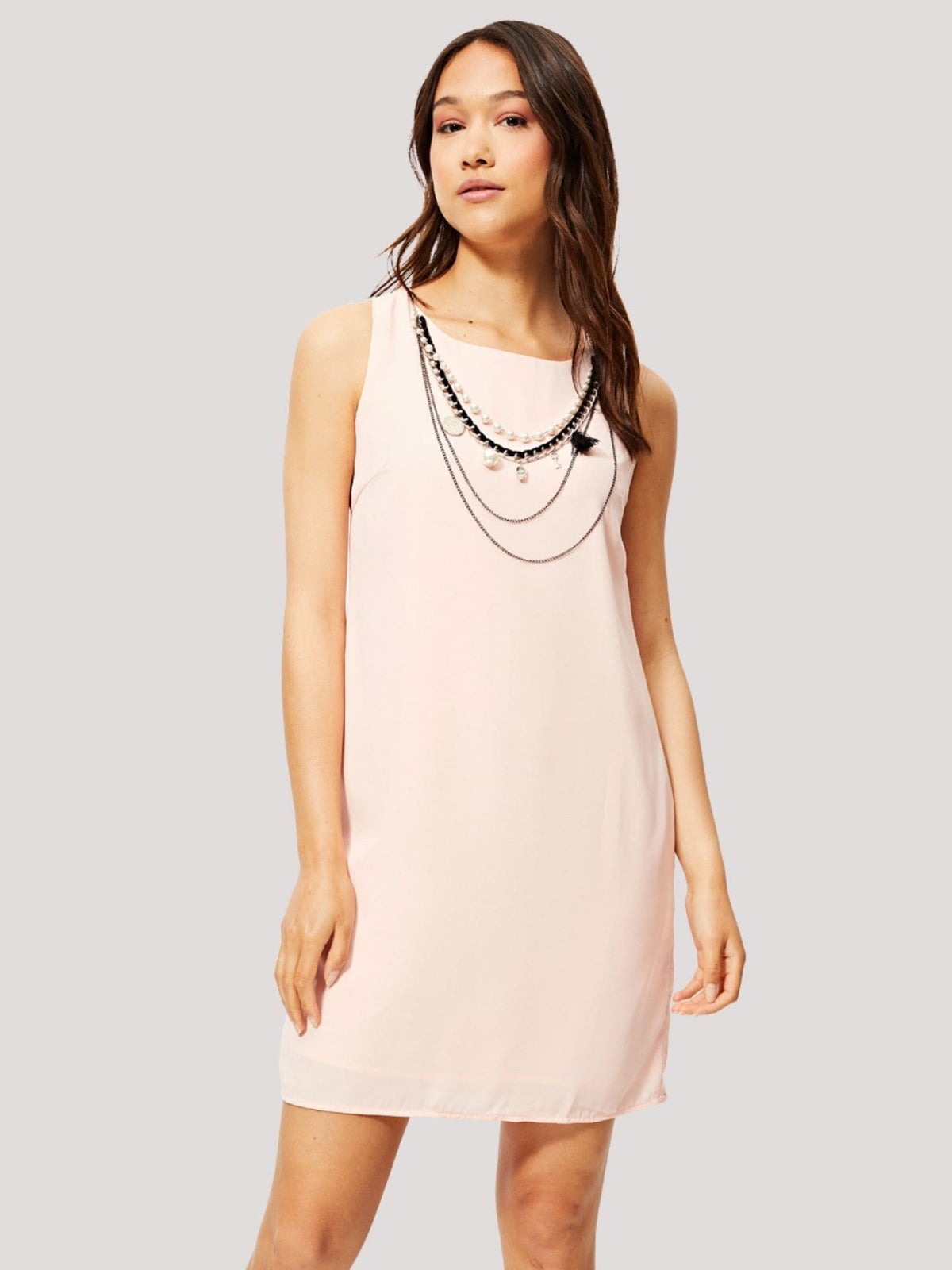 Vestido recto fluido mujer sin mangas vestido dress outfit cuello redondo amplio con collar desmontable forro interior elegante cómodo rosa talla 38 versátil ✅Entrega 24/48h
