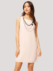 Vestido recto fluido mujer sin mangas vestido dress outfit cuello redondo amplio con collar desmontable forro interior elegante cómodo rosa talla 38 versátil ✅Entrega 24/48h