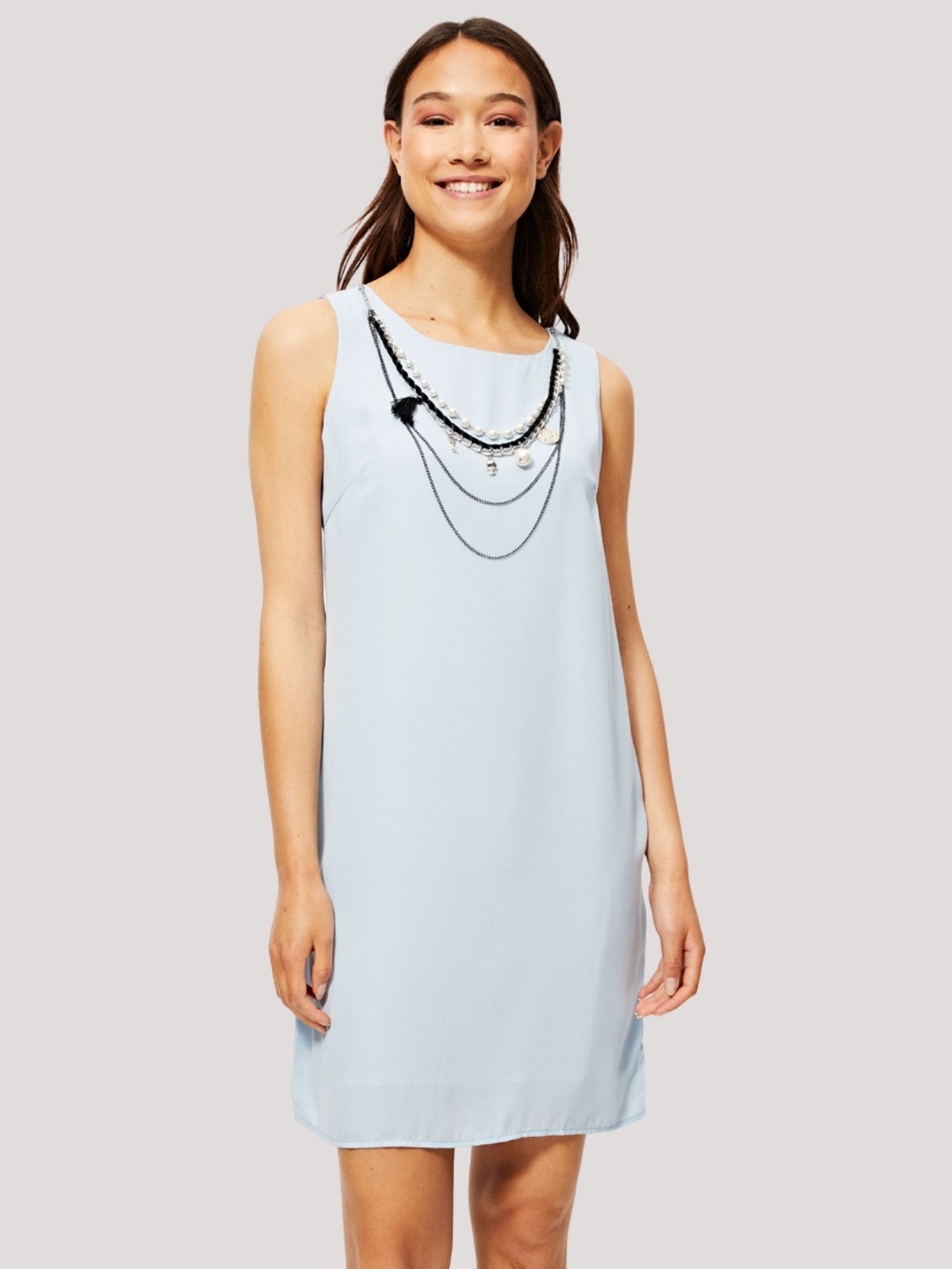 Vestido recto fluido sin mangas dress outfit cuello redondo amplio color azul modelo LA-190095 detalle collar desmontable forro interior talla 38 elegante versátil cómodo ideal primavera verano ✅Entrega 24/48h
