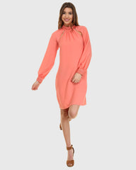 Vestido mujer, dress elegante detalle perlas lentejuelas, manga larga, forro interior, escote redondo, corte recto, estilo sofisticado, color coral, talla 44, cómodo y versátil ✅Entrega 24/48h