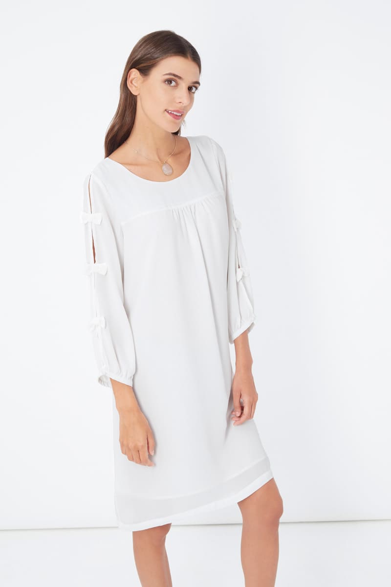 Vestido suelto, dress lazo lateral, diseño elegante, manga tres cuartos, corte recto, tejido ligero femenino color blanco, talla 38, ideal eventos formales u outfit urbano, cómodo versátil chic, ✅Entrega 24/48h