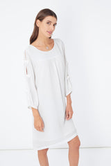 Vestido suelto, dress lazo lateral, diseño elegante, manga tres cuartos, corte recto, tejido ligero femenino color blanco, talla 38, ideal eventos formales u outfit urbano, cómodo versátil chic, ✅Entrega 24/48h