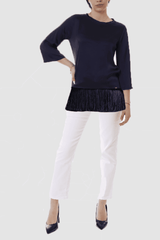 Blusa elegante fluida mujer, cuello redondo, manga tres cuartos, bajo con flecos, azul, talla 38, estilo versátil y cómodo, ideal casual oficina y eventos, tendencia primavera verano, fácil de combinar ✅Entrega 24/48h