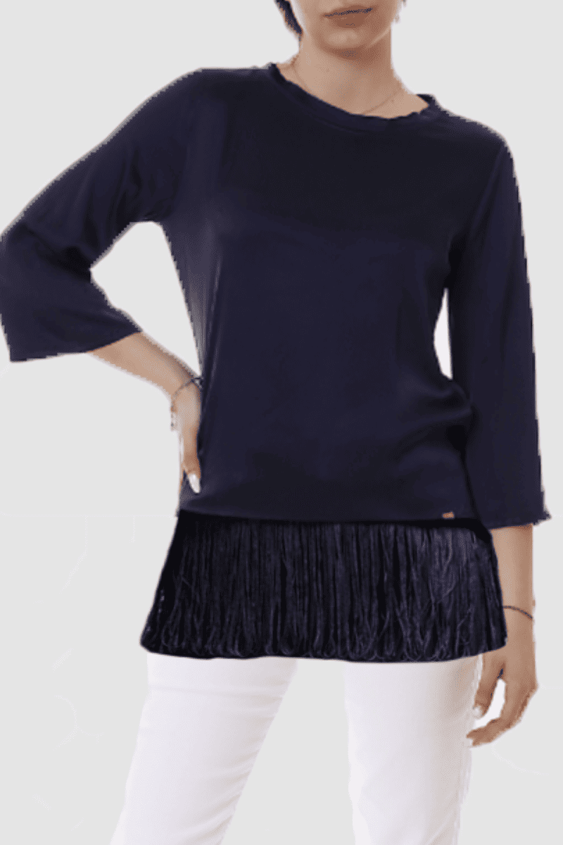 Blusa elegante fluida mujer, cuello redondo, manga tres cuartos, bajo con flecos, azul, talla 38, estilo versátil y cómodo, ideal casual oficina y eventos, tendencia primavera verano, fácil de combinar ✅Entrega 24/48h
