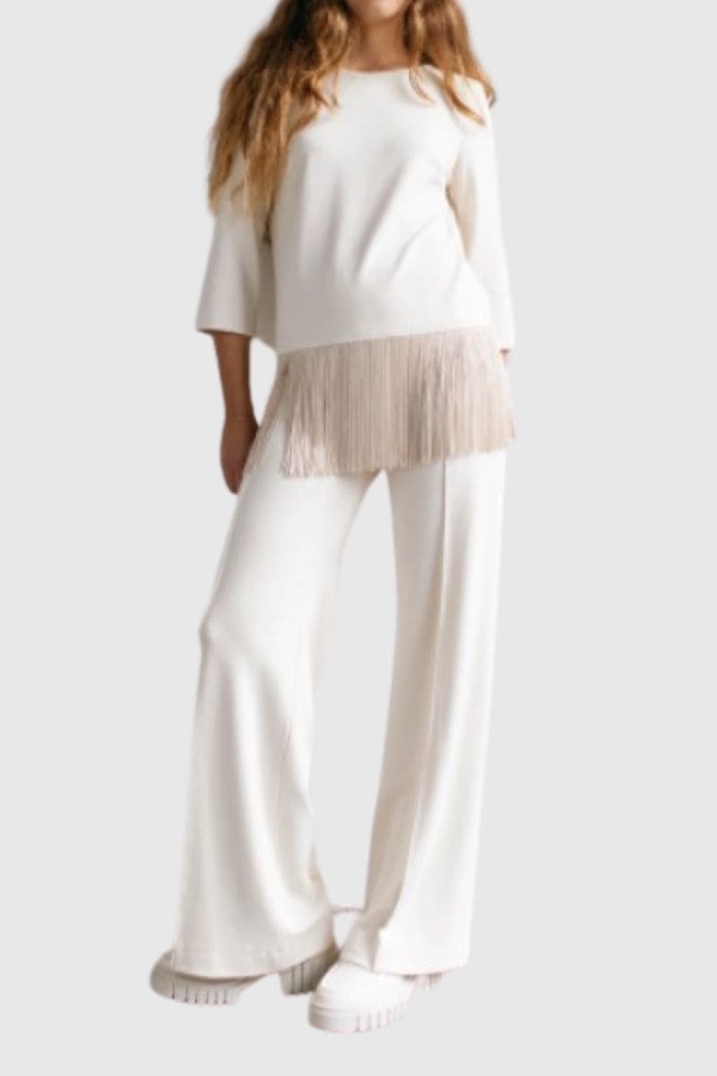 Conjunto dos piezas mujer, blusa y pantalón, diseño minimalista con flecos, tejido liso elegante, modelo sofisticado blanco, talla 38, ideal oficina eventos estilo urbano, cómodo y chic ✅Entrega 24/48h