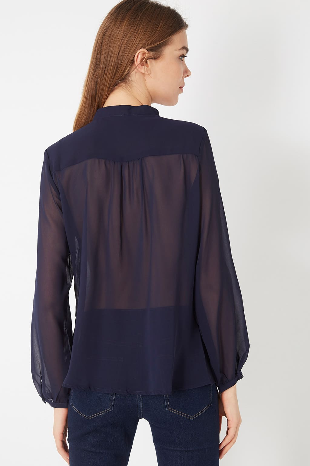 Camisa tul transparente mujer, blusa manga larga cuello mao, cierre botones, modelo LA-190230, elegante, fresca, azul marino, talla 38, perfecta para looks casuales y de noche, cómoda y sofisticada ✅Entrega 24/48h