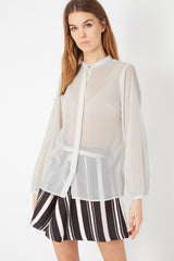 Blusa mujer transparente, camisa manga larga, tejido liviano, botón frontal, estilo casual elegante, ideal oficina, eventos, talla 38 disponible, sofisticada y fresca, combina con falda o pantalón clásico - Blanco ✅Entrega 24/48h