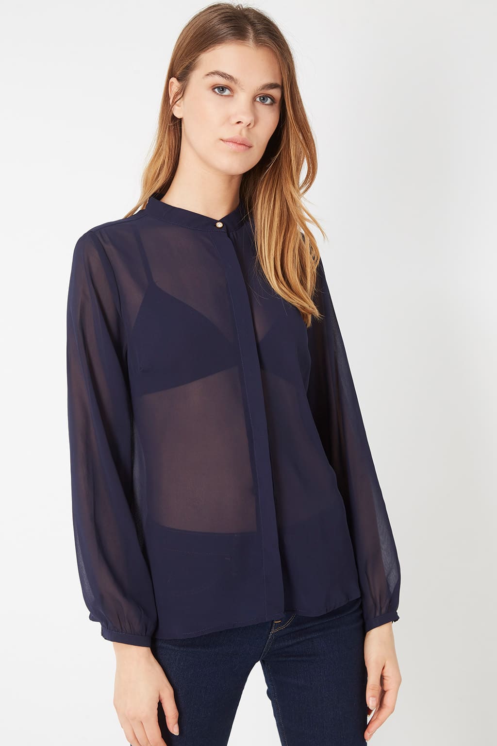 Camisa tul transparente mujer, blusa manga larga cuello mao, cierre botones, modelo LA-190230, elegante, fresca, azul marino, talla 38, perfecta para looks casuales y de noche, cómoda y sofisticada ✅Entrega 24/48h