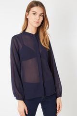 Camisa tul transparente mujer, blusa manga larga cuello mao, cierre botones, modelo LA-190230, elegante, fresca, azul marino, talla 38, perfecta para looks casuales y de noche, cómoda y sofisticada ✅Entrega 24/48h