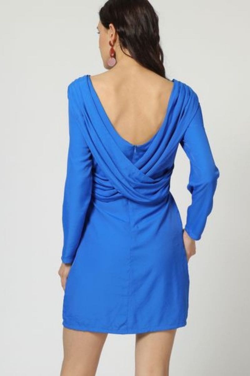 Vestido mini mujer, dress corto liso modelo LA-190272, fruncido cintura, elegante, manga larga, cuello redondo, cierre cremallera invisible, azul, talla 38, cómodo, ideal oficina o eventos ✅Entrega 24/48h