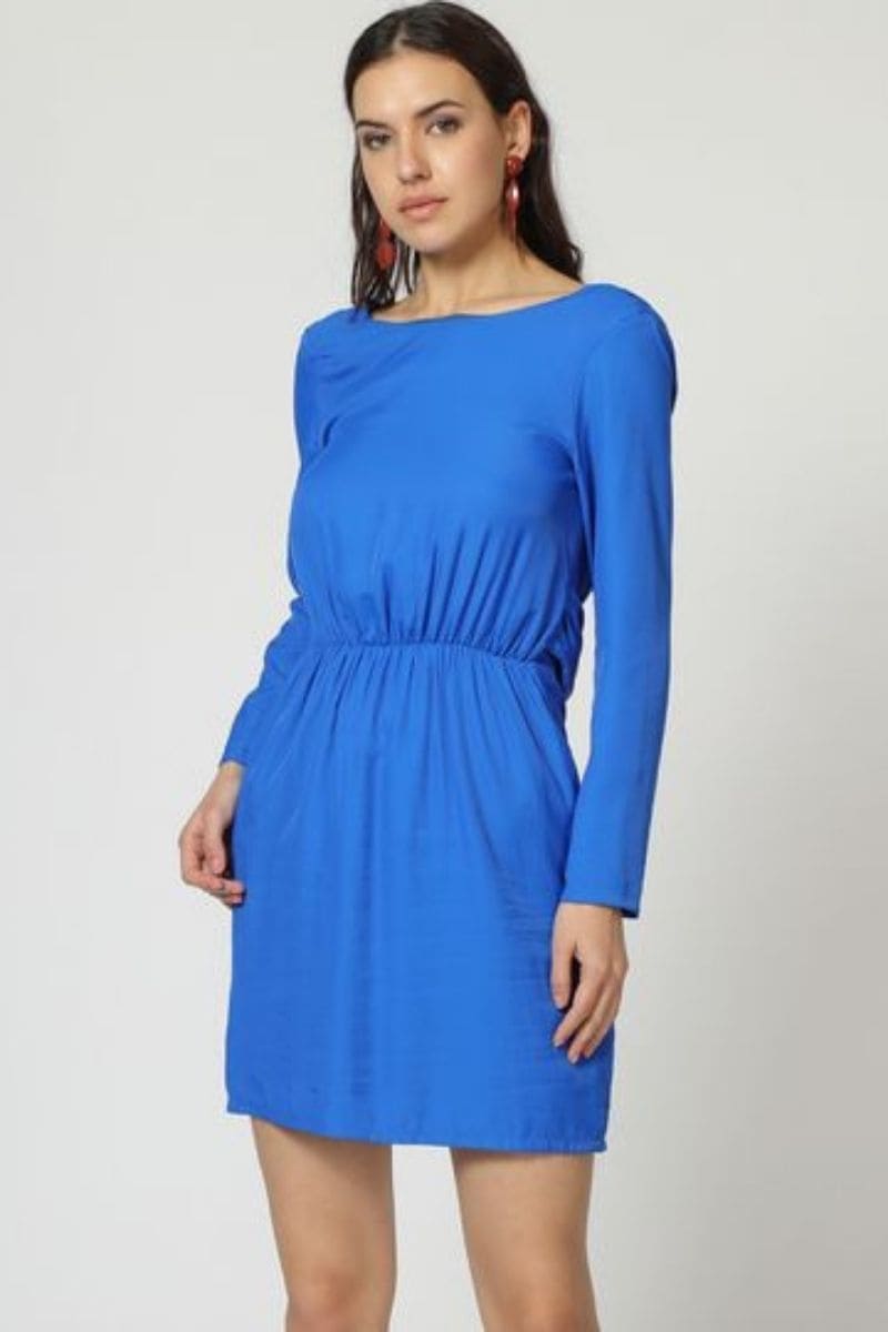 Vestido mini mujer, dress corto liso modelo LA-190272, fruncido cintura, elegante, manga larga, cuello redondo, cierre cremallera invisible, azul, talla 38, cómodo, ideal oficina o eventos ✅Entrega 24/48h