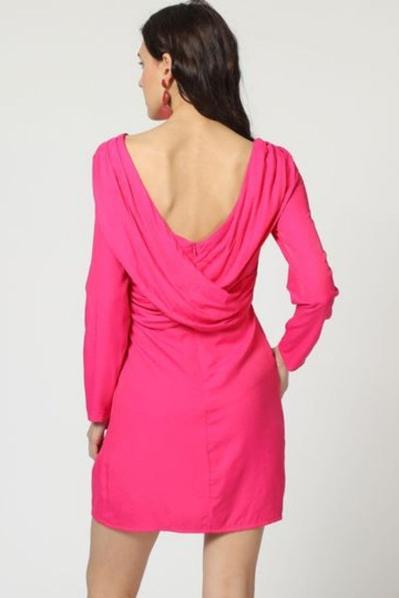Vestido corto dress outfit modelo LA-190272 diseño liso fruncidos cintura manga larga cuello redondo cierre cremallera invisible rosa talla 38 cómodo elegante versátil ✅Entrega 24/48h