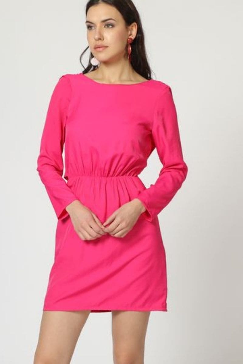 Vestido corto dress outfit modelo LA-190272 diseño liso fruncidos cintura manga larga cuello redondo cierre cremallera invisible rosa talla 38 cómodo elegante versátil ✅Entrega 24/48h