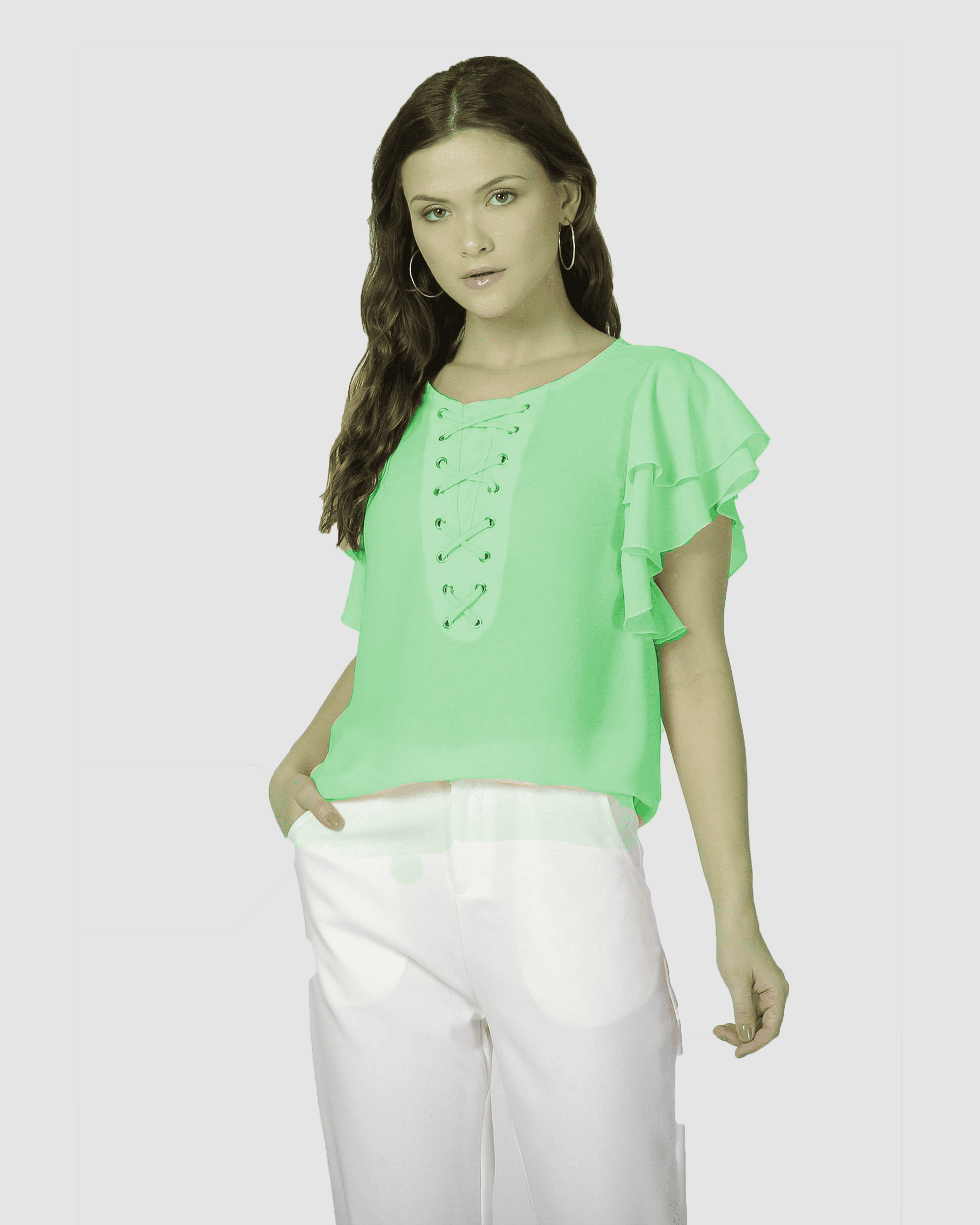 Blusa femenina ligera, top manga corta, volantes, escote cordones, modelo urbano, ideal verano, color verde, talla 38, fresca, elegante, versátil, combina jeans o faldas, cómoda y moderna ✅Entrega 24/48h