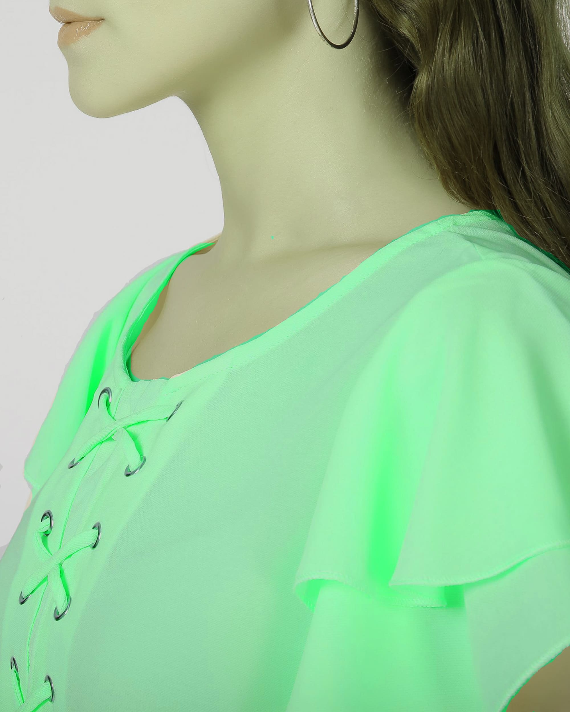 Blusa femenina ligera, top manga corta, volantes, escote cordones, modelo urbano, ideal verano, color verde, talla 38, fresca, elegante, versátil, combina jeans o faldas, cómoda y moderna ✅Entrega 24/48h