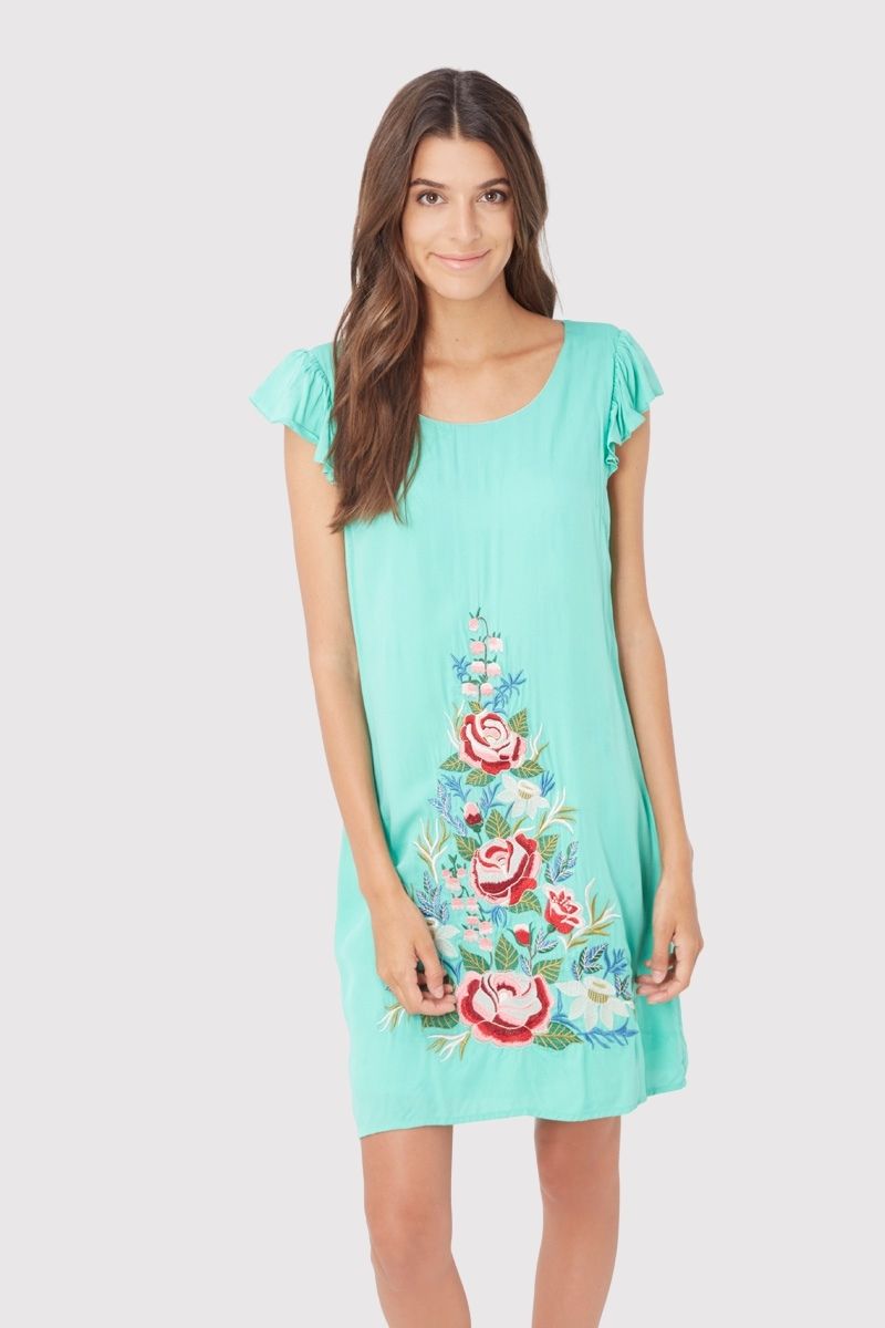 Vestido corto mujer casual floral dress modelo bordado manga corta tela ligera estilo fresco bohemio corte suelto moderno talla 38 verde agua cómodo ideal verano ✅Entrega 24/48h
