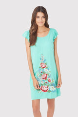 Vestido corto mujer casual floral dress modelo bordado manga corta tela ligera estilo fresco bohemio corte suelto moderno talla 38 verde agua cómodo ideal verano ✅Entrega 24/48h