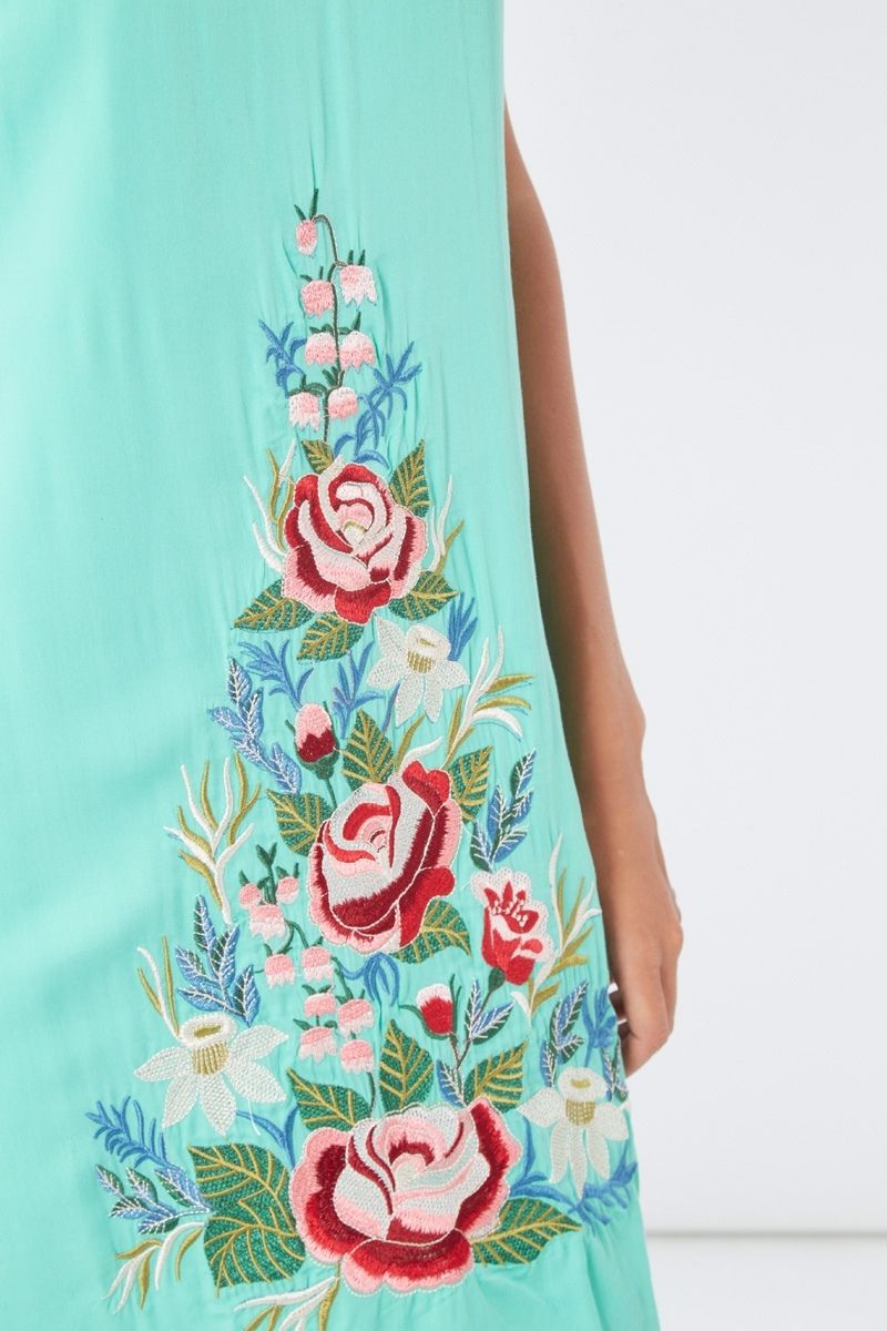 Vestido corto mujer casual floral dress modelo bordado manga corta tela ligera estilo fresco bohemio corte suelto moderno talla 38 verde agua cómodo ideal verano ✅Entrega 24/48h