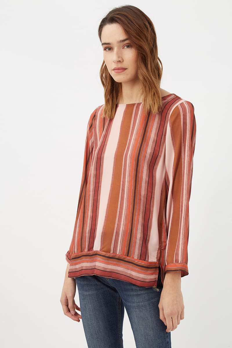 Blusa mujer, camisa, top rayas multicolor, viscosa fresca, cuello redondo, manga larga, bajo redondeado, cómoda, versátil, ideal oficina o casual, talla 44, color marrón/rosado ✅Entrega 24/48h