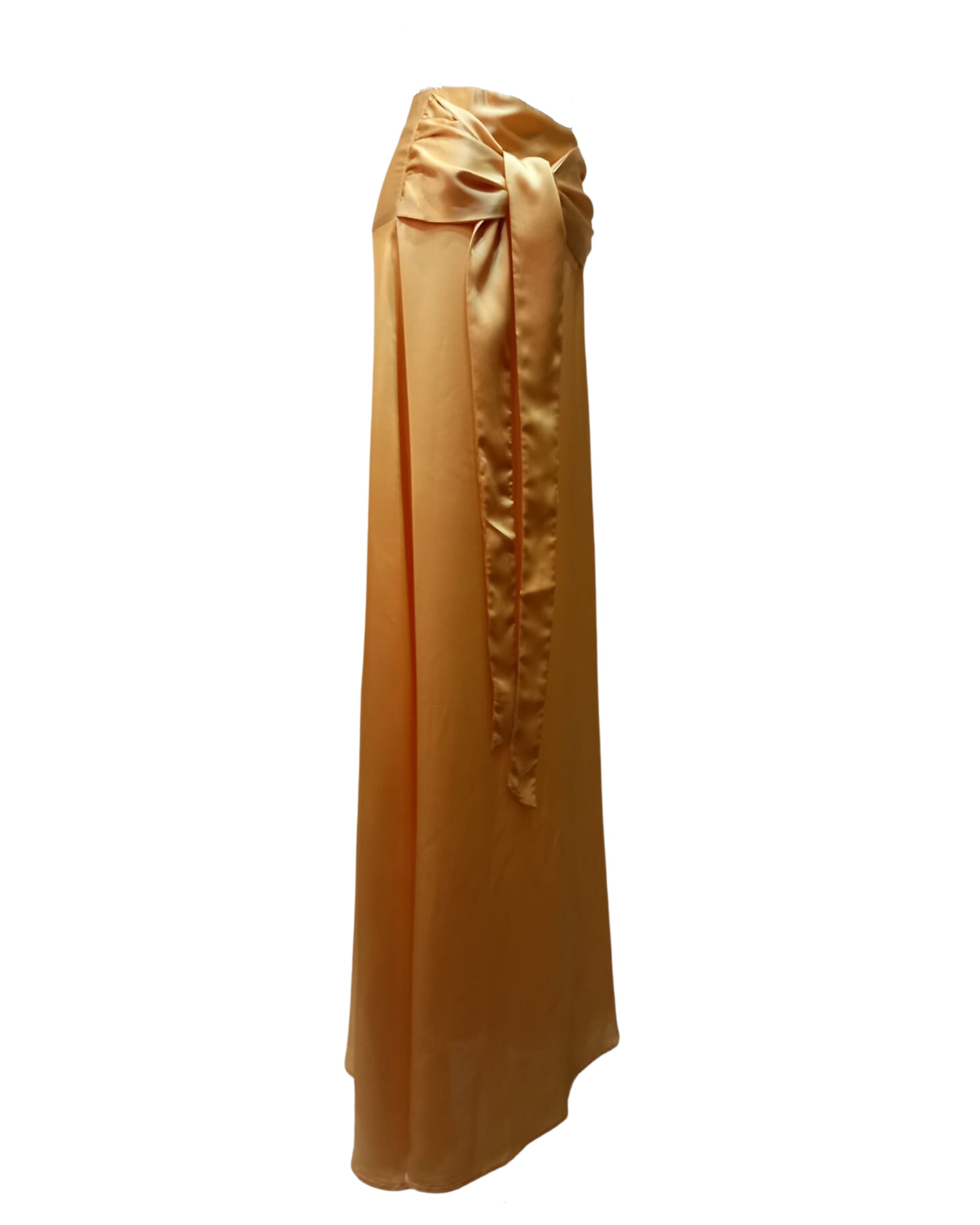 Falda larga satinada mujer, maxi skirt, diseño evasé, lazo lateral drapeado, cierre cremallera trasera, elegante y versátil, color amarillo, talla 36, 100% poliéster, fácil cuidado, outfit fiesta o casual ✅Entrega 24/48h