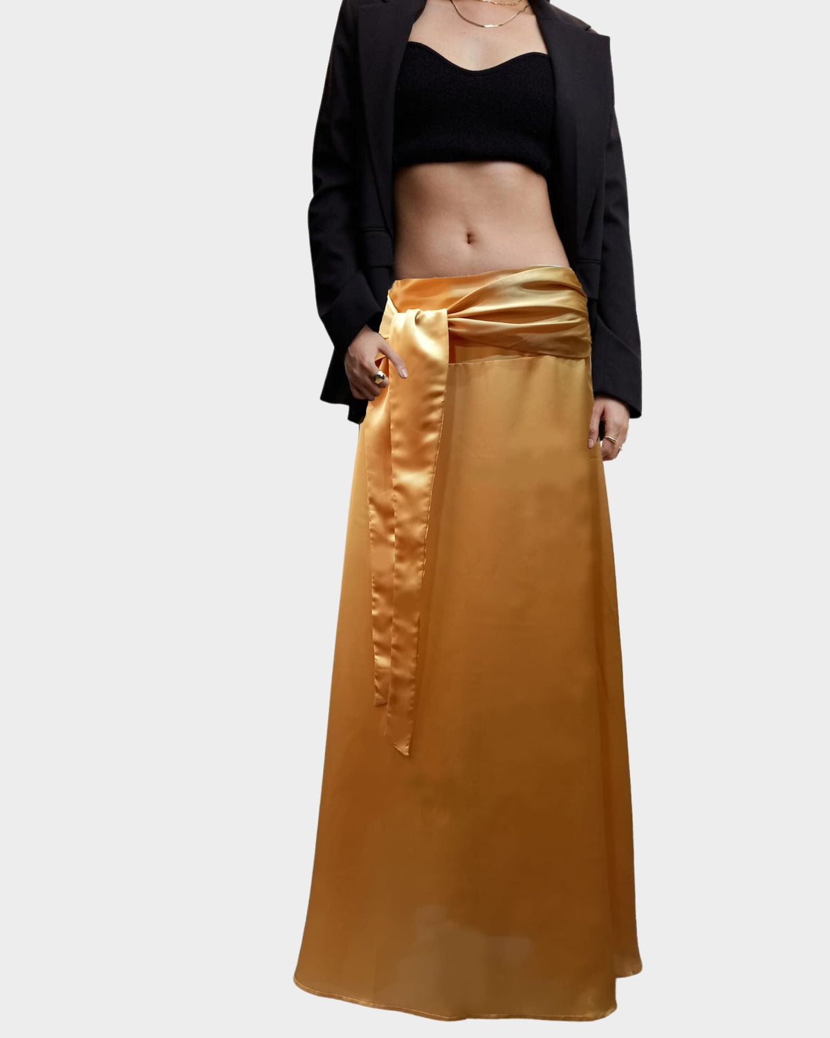 Falda larga satinada mujer, maxi skirt, diseño evasé, lazo lateral drapeado, cierre cremallera trasera, elegante y versátil, color amarillo, talla 36, 100% poliéster, fácil cuidado, outfit fiesta o casual ✅Entrega 24/48h