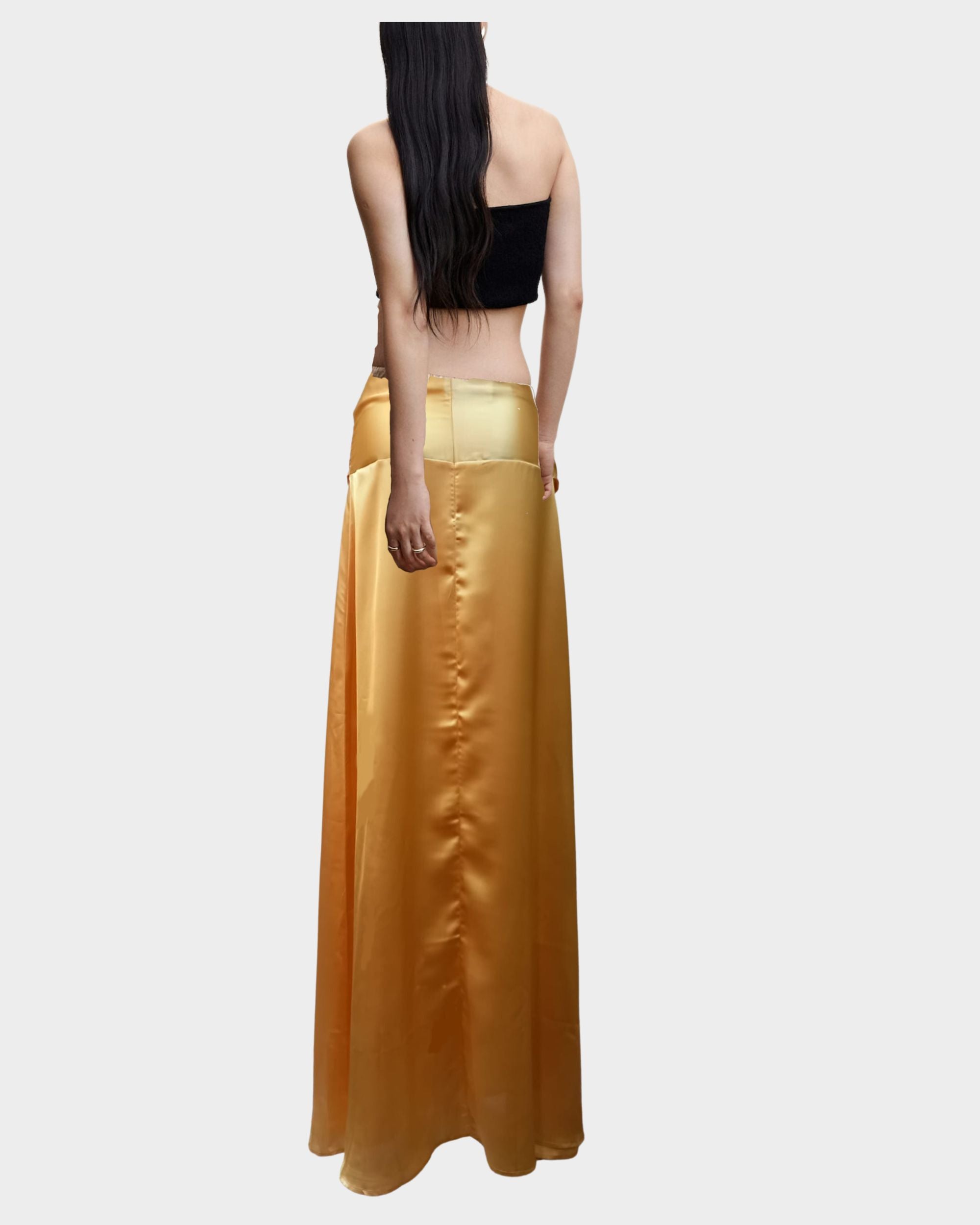 Falda larga satinada mujer, maxi skirt, diseño evasé, lazo lateral drapeado, cierre cremallera trasera, elegante y versátil, color amarillo, talla 36, 100% poliéster, fácil cuidado, outfit fiesta o casual ✅Entrega 24/48h