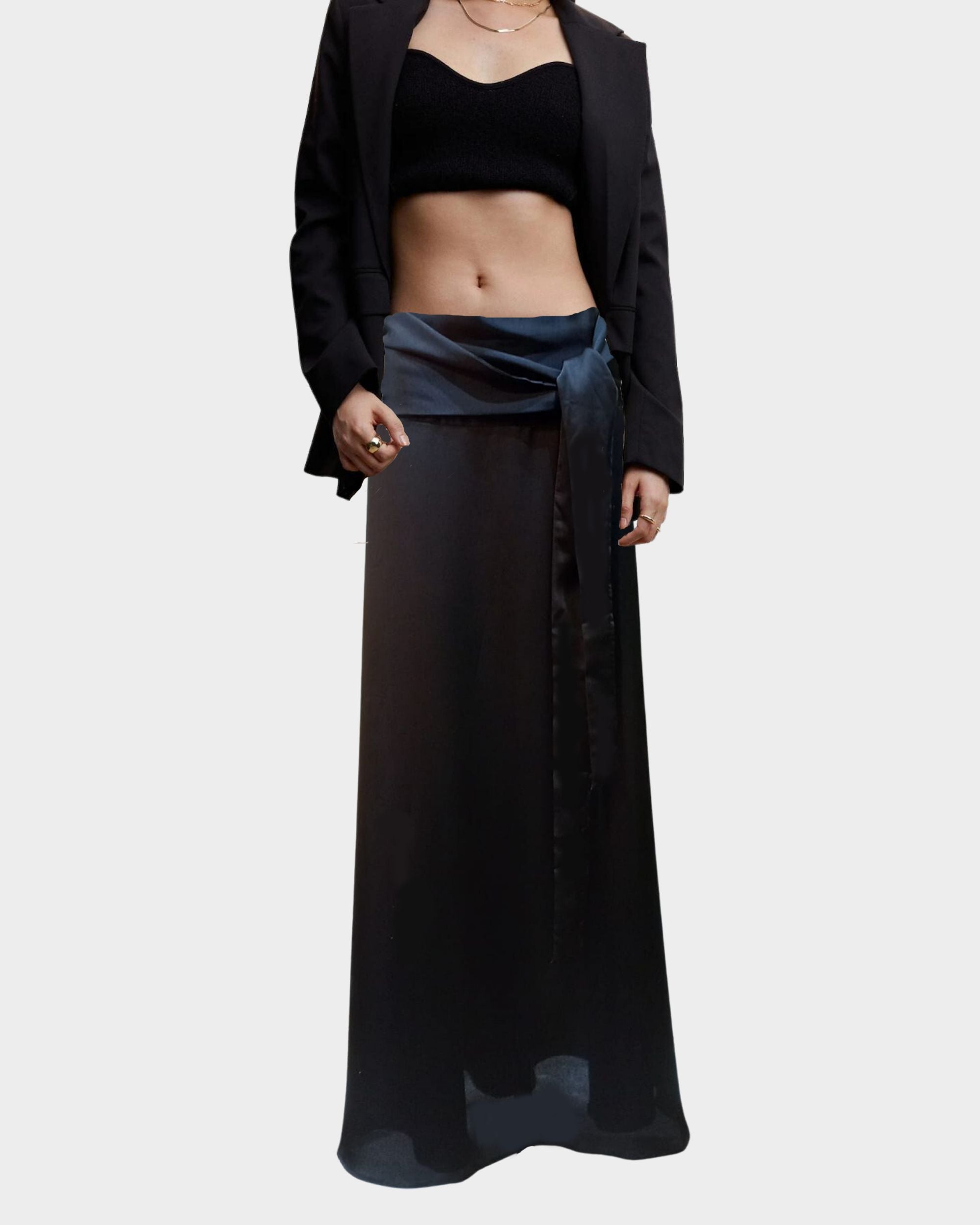 Falda larga mujer falda maxi cintura alta falda semitransparente negra lazo satinado estilo elegante textura ligera evento fiesta urbana talla 36 cómoda versátil sofisticada ✅Entrega 24/48h