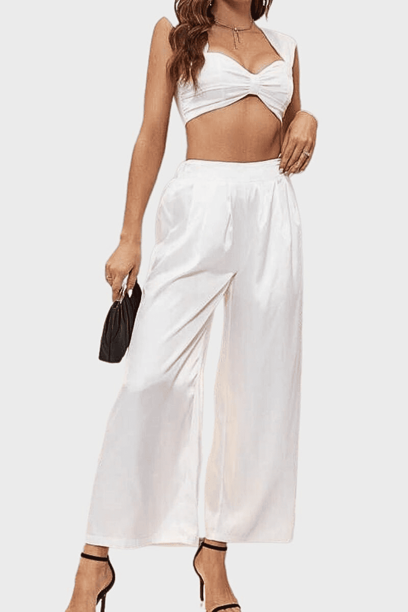 Pantalón fluido mujer, pantalón palazzo, prenda amplia satinada, cintura elástica, corte relajado, estilo elegante, color blanco, talla 38, look cómodo y fresco, ideal verano, fácil de combinar, ✅Entrega 24/48h