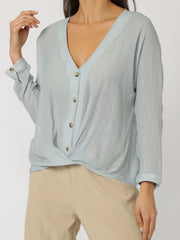 Blusa mujer asimétrica, camisa fluida, nudo frontal, manga larga, cuello pico, botones, corte relajado, azul claro, talla 38, moderna, versátil, cómoda, ideal oficina y casual ✅Entrega 24/48h