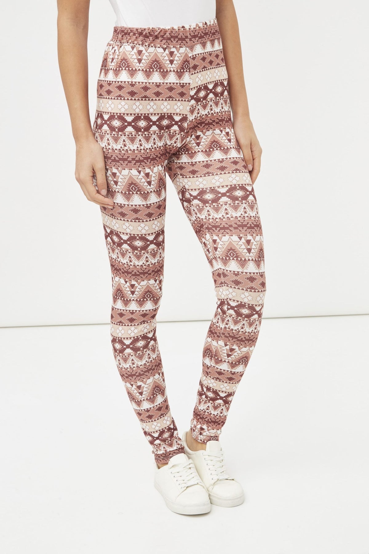 Leggings mujer, pantalón ajustado, estampado étnico geométrico, tejido suave y elástico, talle alto, moda urbana casual, cómodo y versátil, color marrón, talla 38, ideal para looks modernos ✅Entrega 24/48h