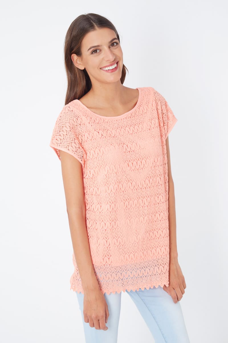 Top mujer, blusa encaje, modelo LA-210038, manga corta, cuello redondo, forro integrado, corte recto, estilo casual elegante, color naranja, talla 38, tejido ligero, versátil ideal verano ✅Entrega 24/48h
