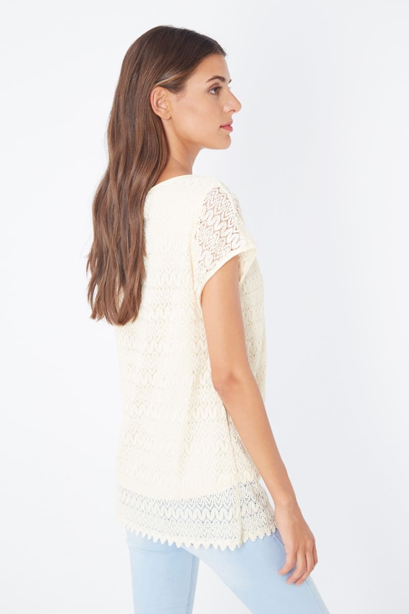 Blusa encaje femenina manga corta top calado elegante casual beige con forro integrado, cuello redondo, transpirable, cómoda, perfecta oficina fiesta talla 38 ✅Entrega 24/48h