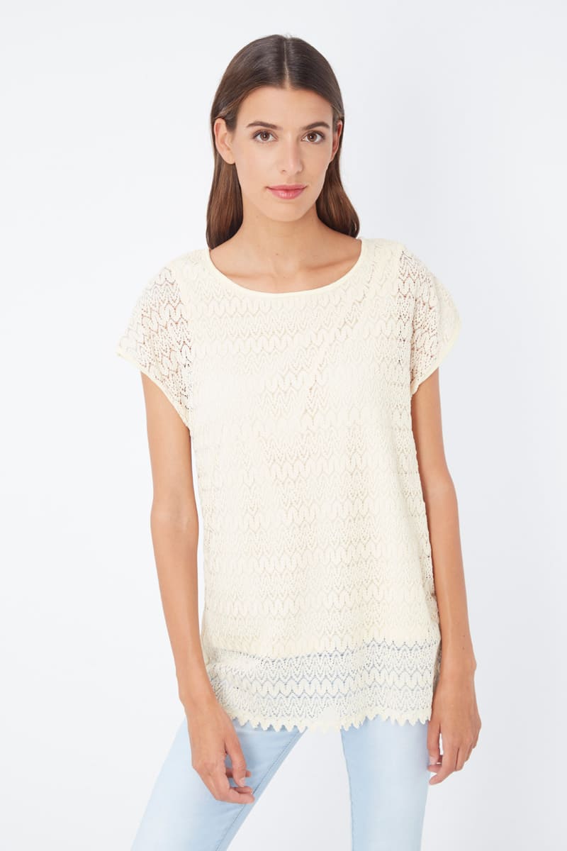 Blusa encaje femenina manga corta top calado elegante casual beige con forro integrado, cuello redondo, transpirable, cómoda, perfecta oficina fiesta talla 38 ✅Entrega 24/48h