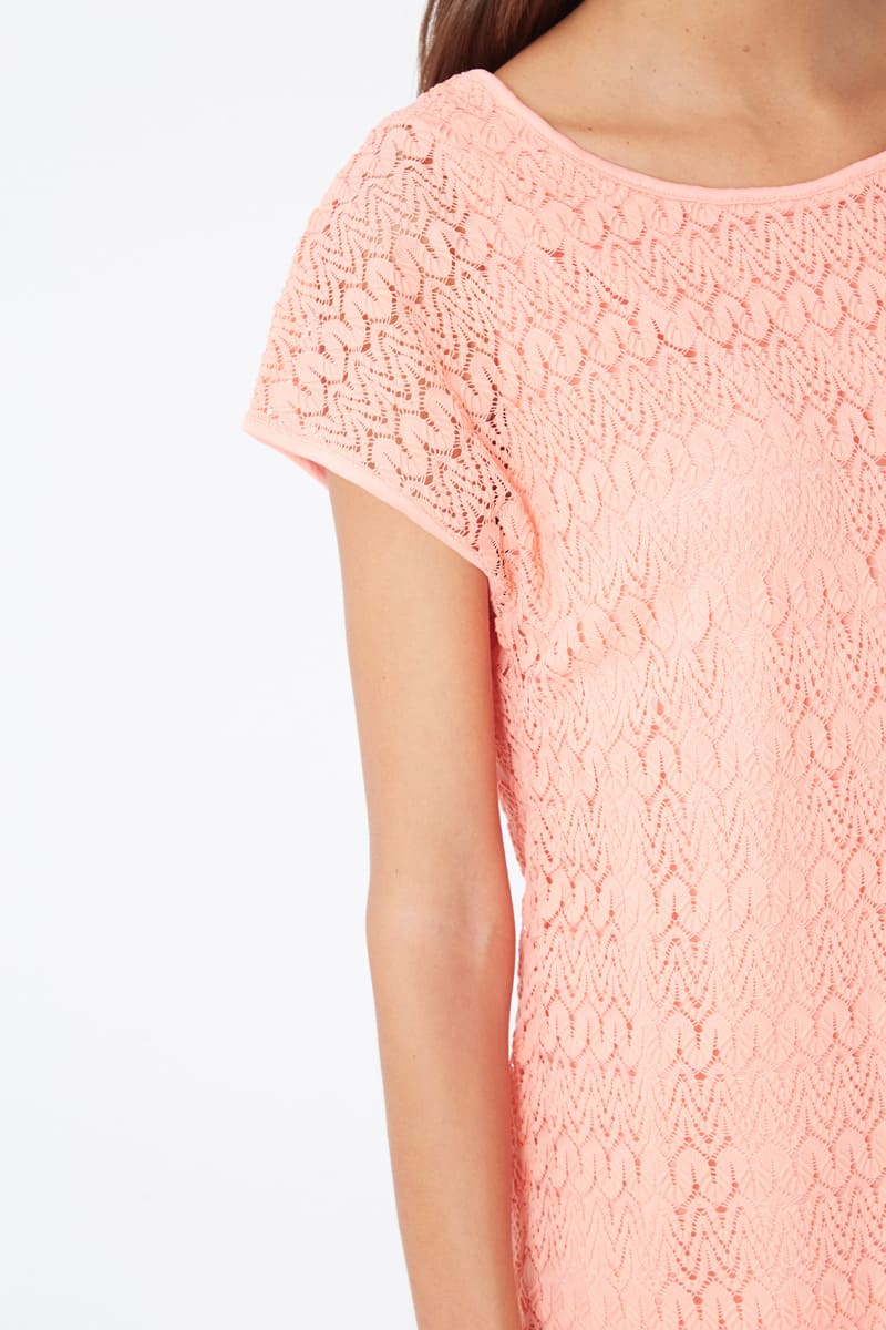 Top mujer, blusa encaje, modelo LA-210038, manga corta, cuello redondo, forro integrado, corte recto, estilo casual elegante, color naranja, talla 38, tejido ligero, versátil ideal verano ✅Entrega 24/48h