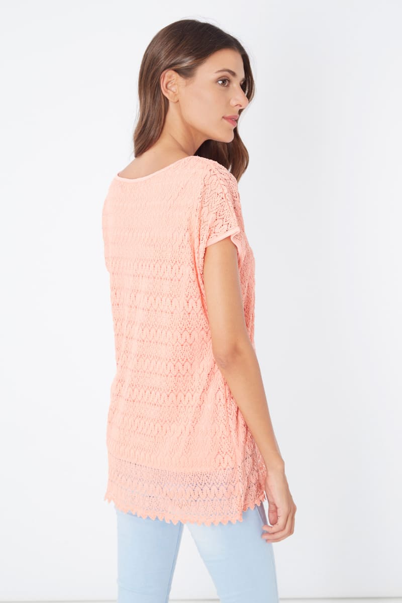 Top mujer, blusa encaje, modelo LA-210038, manga corta, cuello redondo, forro integrado, corte recto, estilo casual elegante, color naranja, talla 38, tejido ligero, versátil ideal verano ✅Entrega 24/48h
