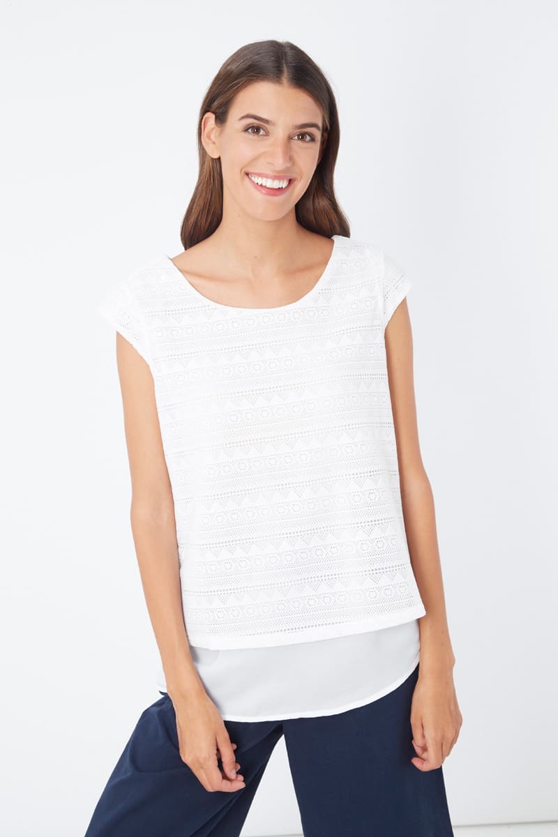 Top calado mujer, blusa punto, camiseta crochet, manga corta, forro interior, cuello redondo, estilo casual, ligera, talla 38, color blanco, ideal primavera verano, cómodo y versátil ✅Entrega 24/48h
