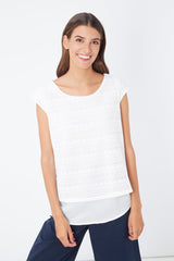 Top calado mujer, blusa punto, camiseta crochet, manga corta, forro interior, cuello redondo, estilo casual, ligera, talla 38, color blanco, ideal primavera verano, cómodo y versátil ✅Entrega 24/48h