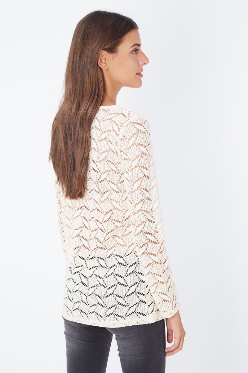 Blusa encaje, camisa calada, manga larga, diseño elegante, estilo femenino, tejido ligero, ideal primavera, combina con jeans o faldas, talla 38, color marfil, versátil, sofisticada ✅Entrega 24/48h