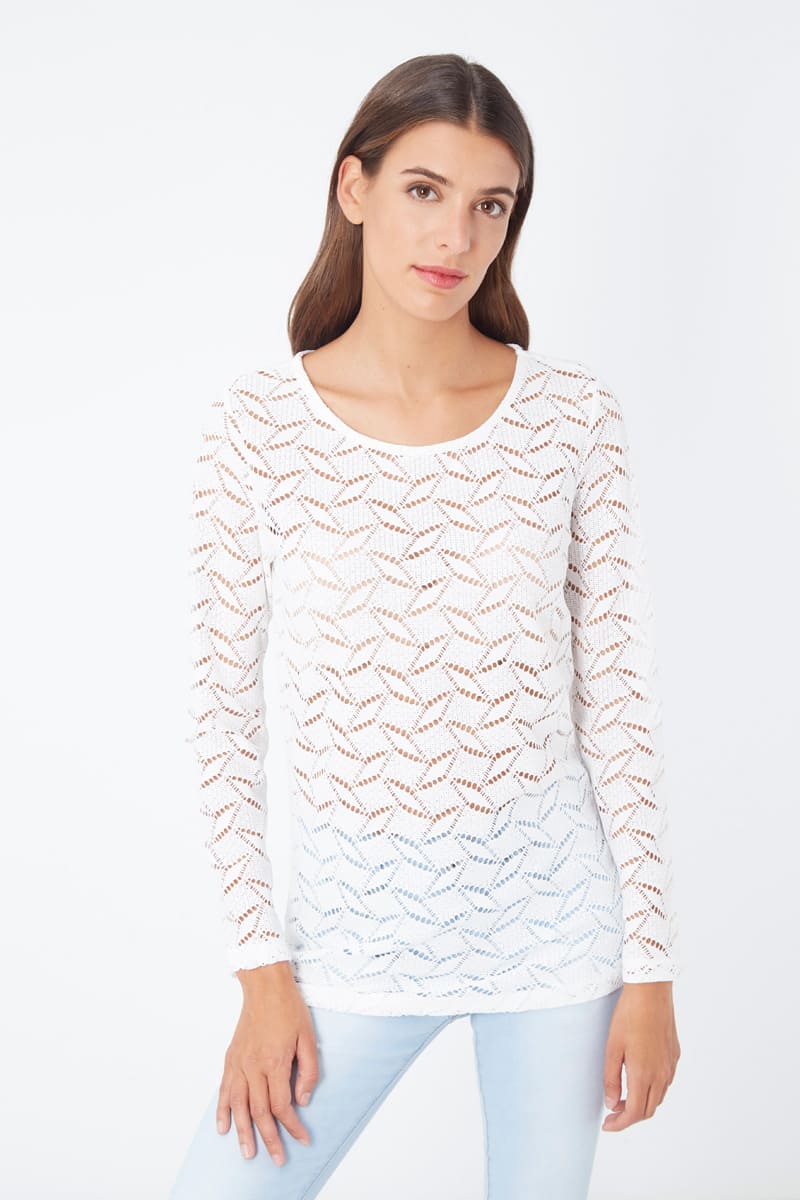 Blusa mujer calada manga larga suéter ligero escote redondo blusa casual elegante transpirable blanco talla 38 tendencia moda versátil ideal primavera verano outfits modernos ✅Entrega 24/48h