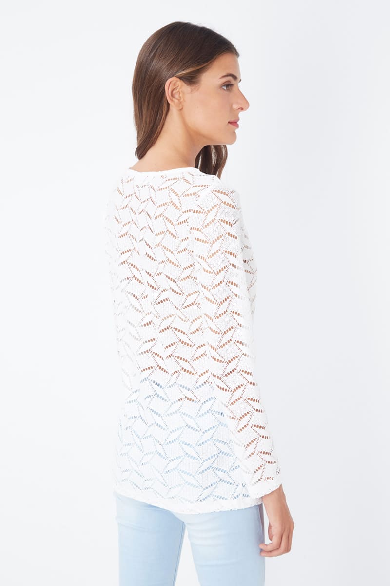 Blusa mujer calada manga larga suéter ligero escote redondo blusa casual elegante transpirable blanco talla 38 tendencia moda versátil ideal primavera verano outfits modernos ✅Entrega 24/48h