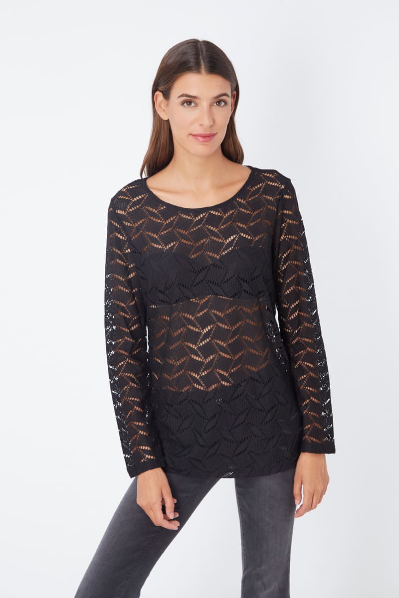 Blusa encaje mujer, top elegante, manga larga, tejido translúcido, modelo moderno, estilo sofisticado, color negro, talla 38, ideal looks urbanos, casuales, oficina, noche, versátil, cómodo, elegante ✅Entrega 24/48h